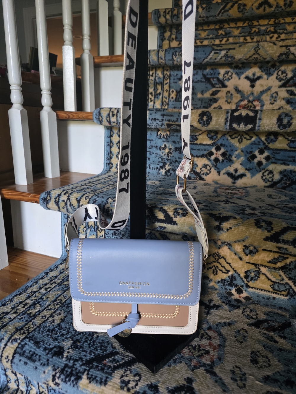 Blue & Beige Crossbody Bag with Branded Strap